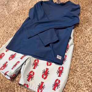Rugged Butts Kids Blue Swim Trunks with Lobster Print Rashguard Set